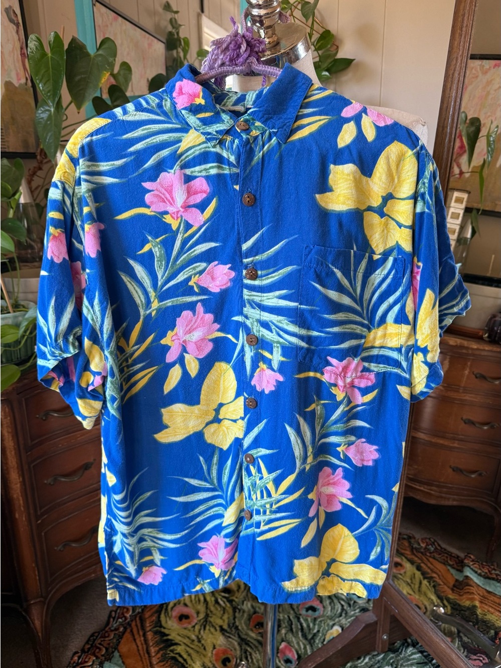 Vintage Aloha Men's Blue Tropical Floral Short-Sleeve Button-Down Shirt, Small